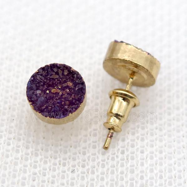 purple druzy agate earring studs, gold plated