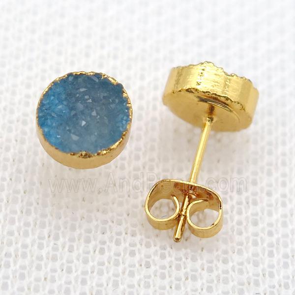 blue druzy agate earring studs, gold plated