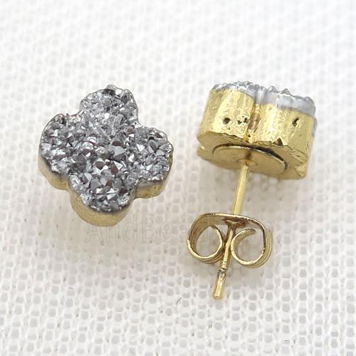 silver druzy agate earring studs, gold plated