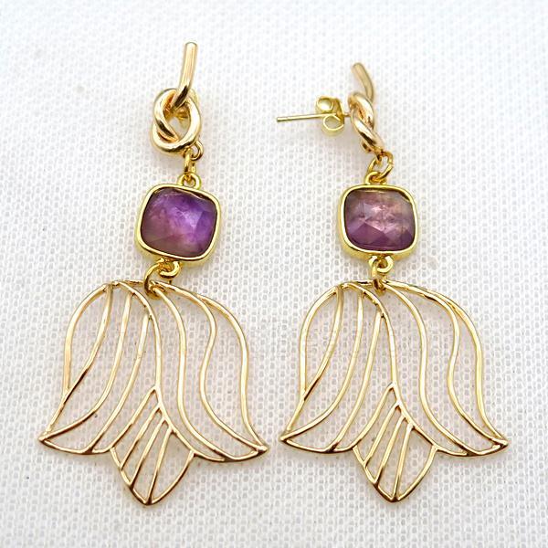 copper earrings with amethyt, gold plated