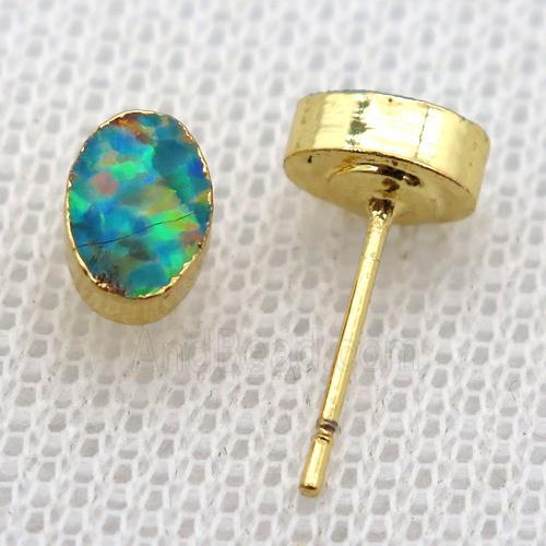 synthetic Fire Opal oval Stud Earrings, gold plated
