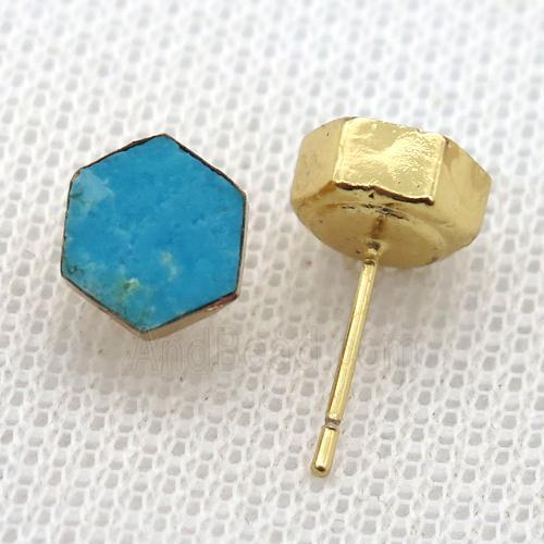 Blue Magnesite Turquoise Stud Earring Hexagon Gold Plated