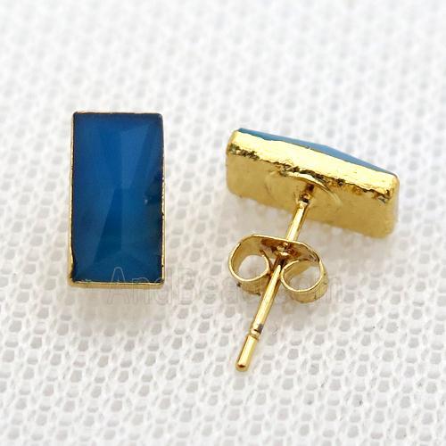 blue crystal glass Stud Earrings, rectangle, gold plated