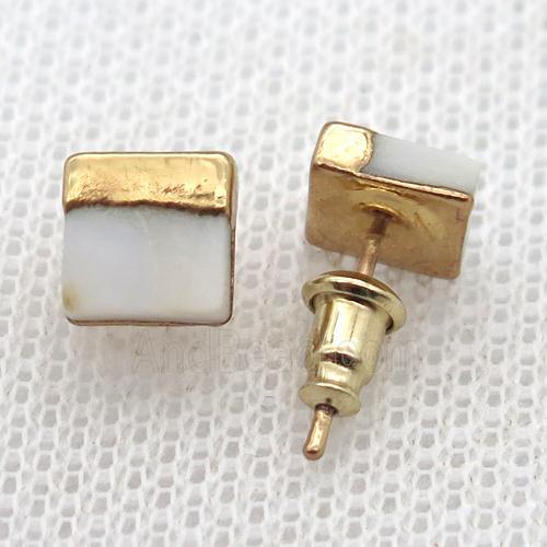 white Pearlized Shell square Stud Earrings, gold plated