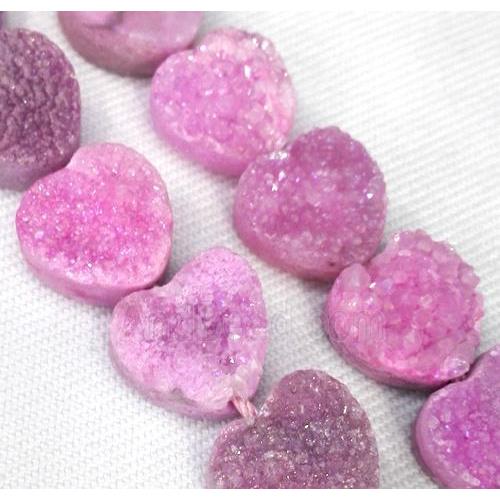 druzy quartz bead, heart, hotpink