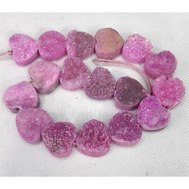druzy quartz bead, heart, hotpink