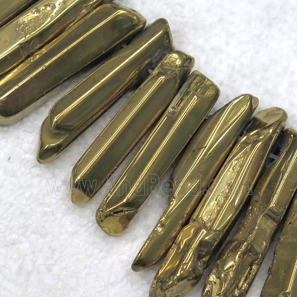 Clear Quartz stick beads, polished, gold plated