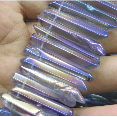 Clear Quartz stick beads, polished, lt.purple electroplated