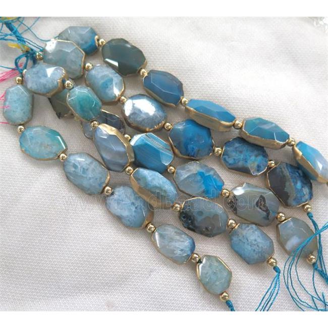 blue agate beads, faceted freeform, gold plated