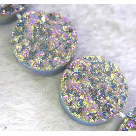 druzy agate bead, flat-round, rainbow electroplated