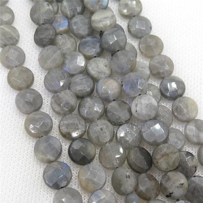 Labradorite bead, faceted coin-round