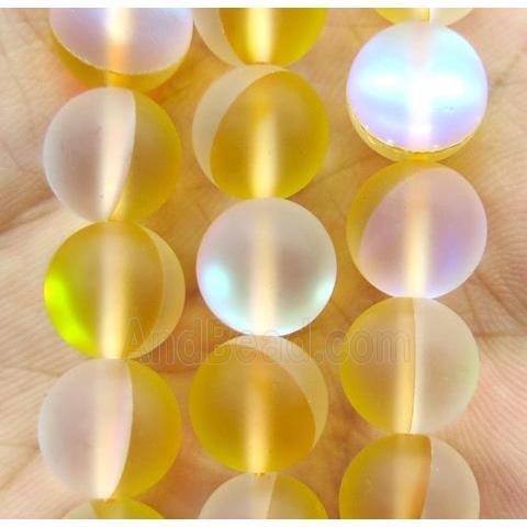 yellow round Aura Quartz Crystal Glass Beads, glow, synthetic, matte