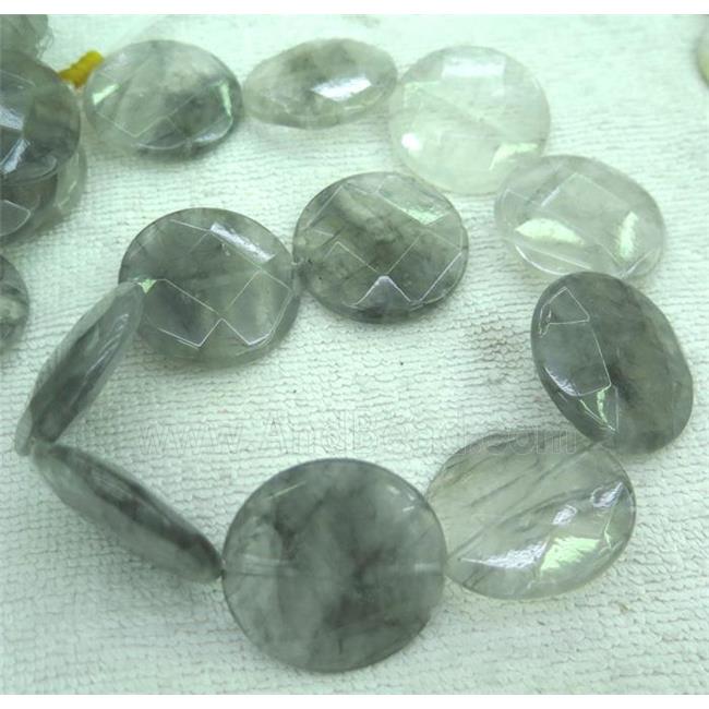 grey cloudy quartz beads, faceted flat-round