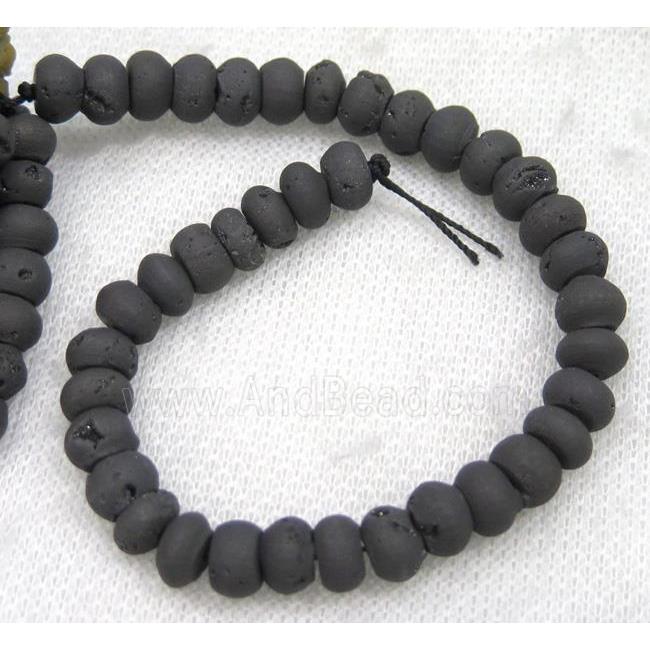 8" string of druzy agate rondelle beads, matte, black electroplated