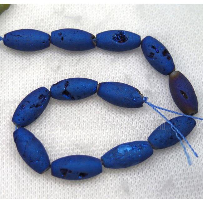 8" string of druzy agate rice beads, matte, blue electroplated