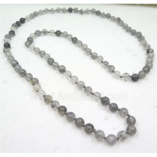 round Chinese Gray Cloudy Quartz Beads Knot Necklace Chain