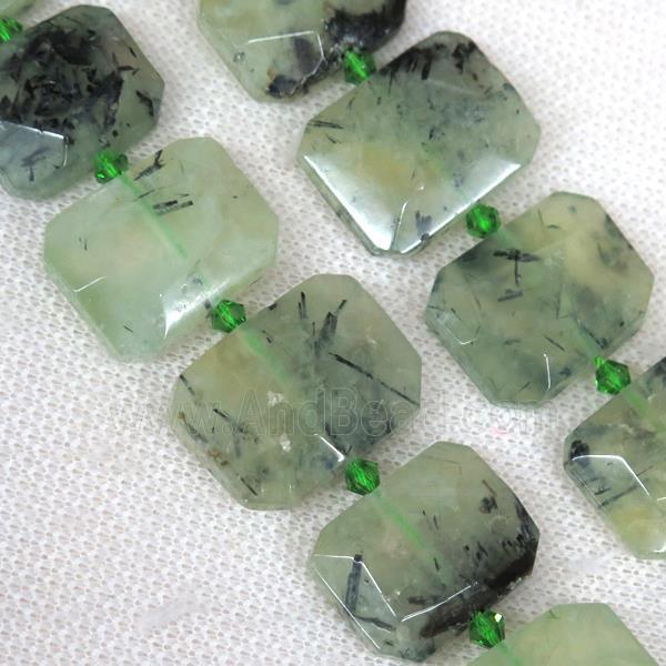 green Prehnite nugget bead, faceted rectangle