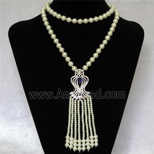 white Pearlized Glass Necklace with copper pendant pave zircon, round