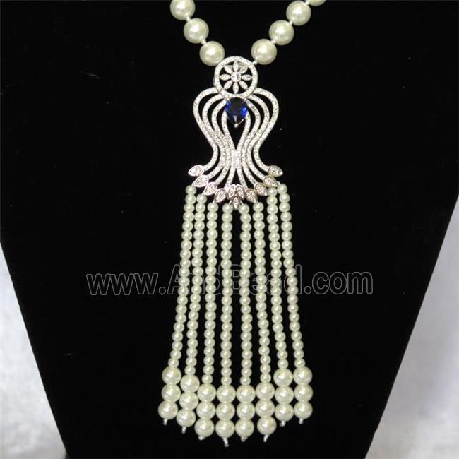 white Pearlized Glass Necklace with copper pendant pave zircon, round