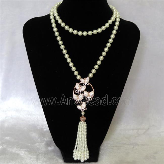 white Pearlized Glass Necklace with copper pendant pave zircon, round