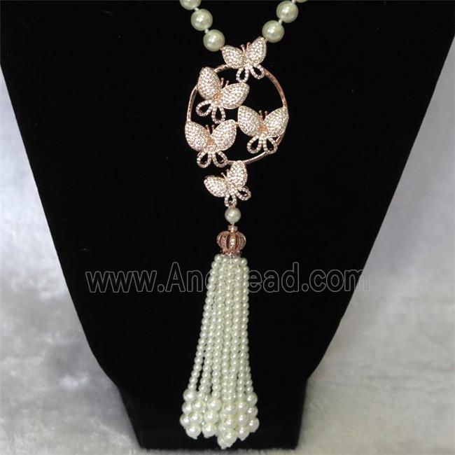 white Pearlized Glass Necklace with copper pendant pave zircon, round