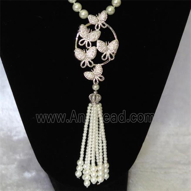 white Pearlized Glass Necklace with copper pendant pave zircon, round