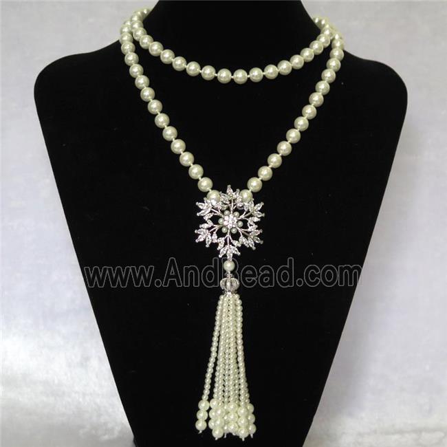white Pearlized Glass Necklace with copper pendant pave zircon, round