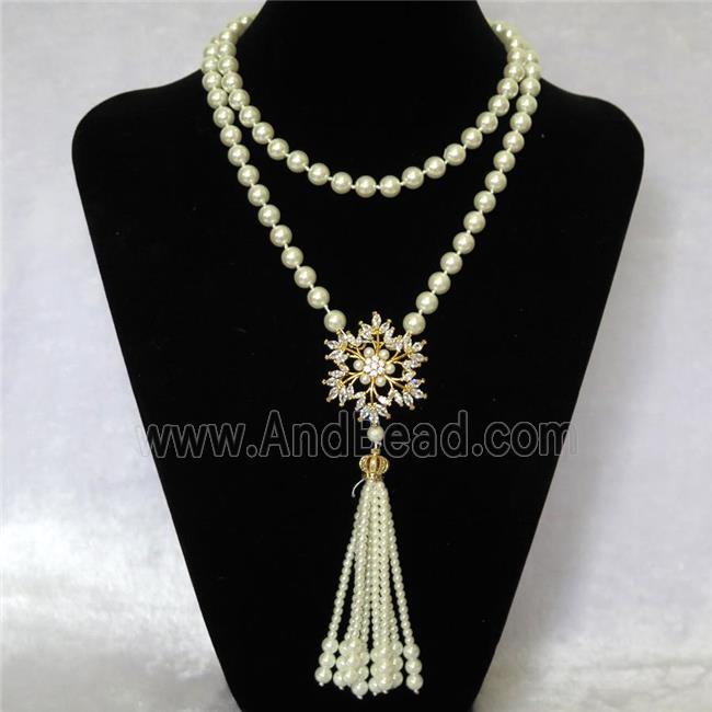 white Pearlized Glass Necklace with copper pendant pave zircon, round