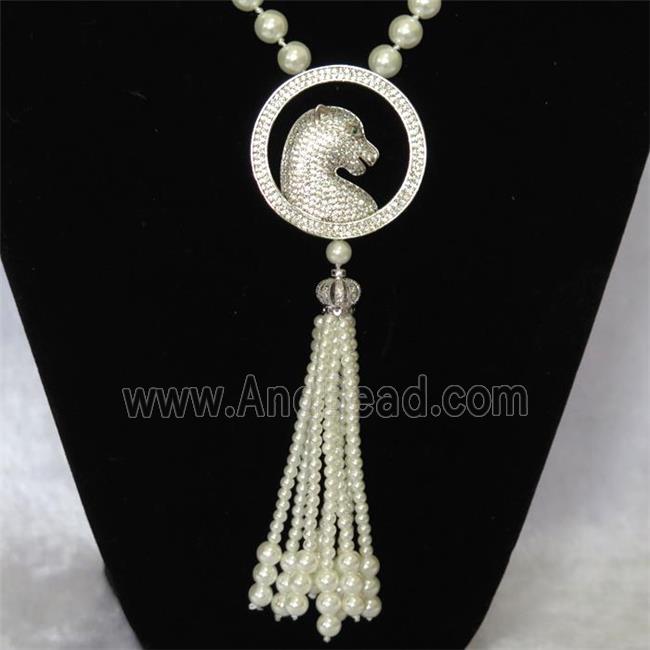 white Pearlized Glass Necklace with copper leopardhead pendant pave zircon, round