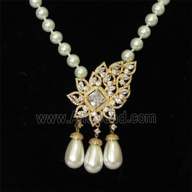 white Pearlized Glass Necklace with copper pendant pave zircon, round