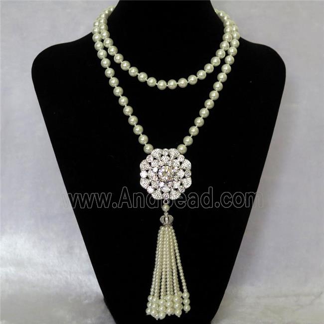 white Pearlized Glass Necklace with copper pendant pave zircon, round