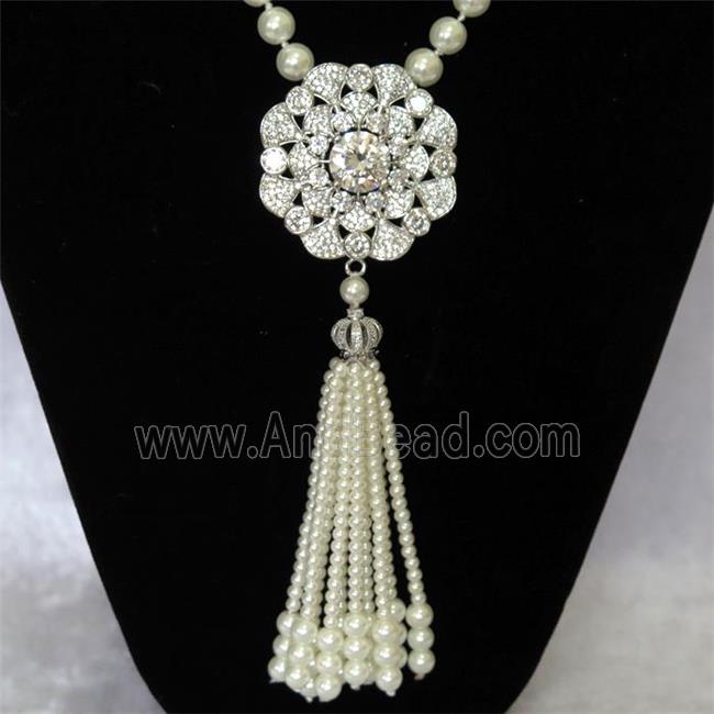 white Pearlized Glass Necklace with copper pendant pave zircon, round