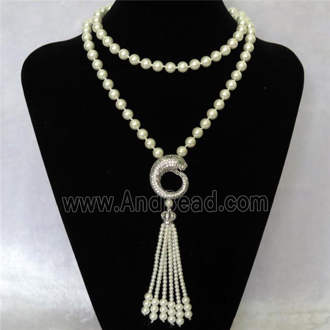 white Pearlized Glass Necklace with copper leopardhead pendant pave zircon, round