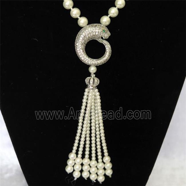 white Pearlized Glass Necklace with copper leopardhead pendant pave zircon, round