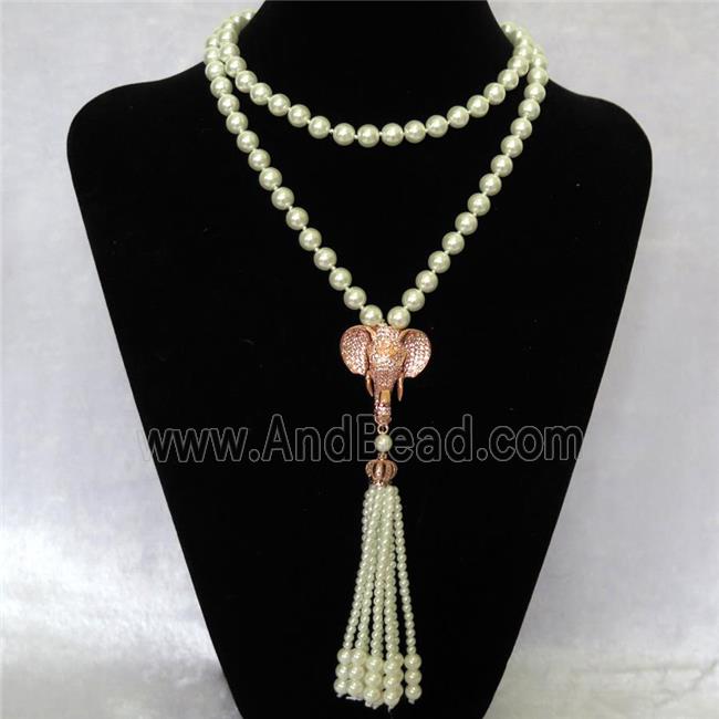 white Pearlized Glass Necklace with copper elephant pendant pave zircon, round