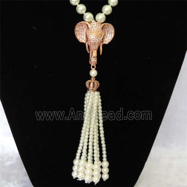 white Pearlized Glass Necklace with copper elephant pendant pave zircon, round