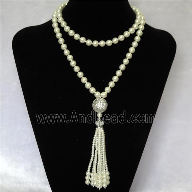 white Pearlized Glass Necklace with copper bead pave zircon, round