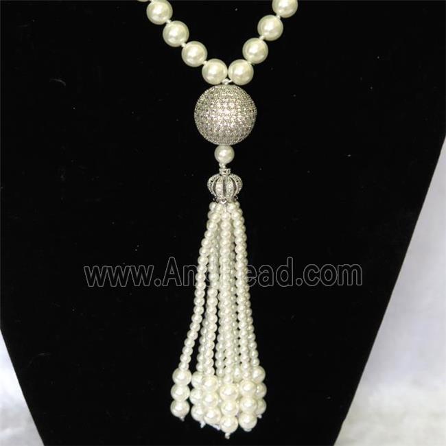 white Pearlized Glass Necklace with copper bead pave zircon, round