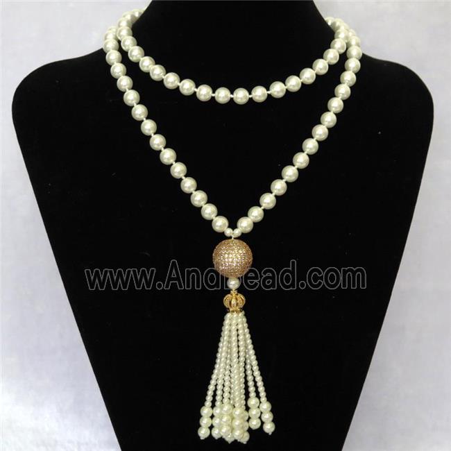 white Pearlized Glass Necklace with copper bead pave zircon, round