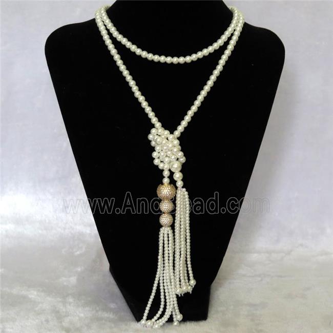 white Pearlized Glass Necklace with copper bead pave zircon, round