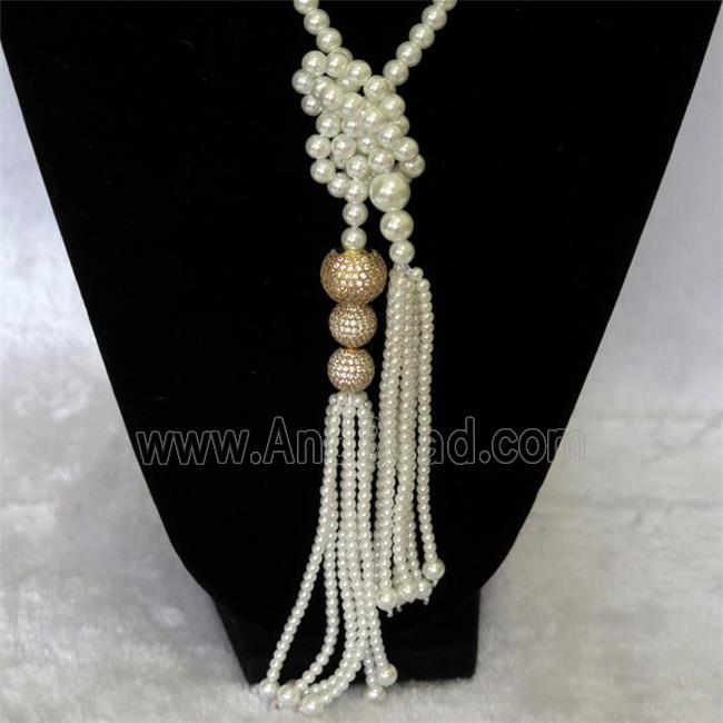 white Pearlized Glass Necklace with copper bead pave zircon, round