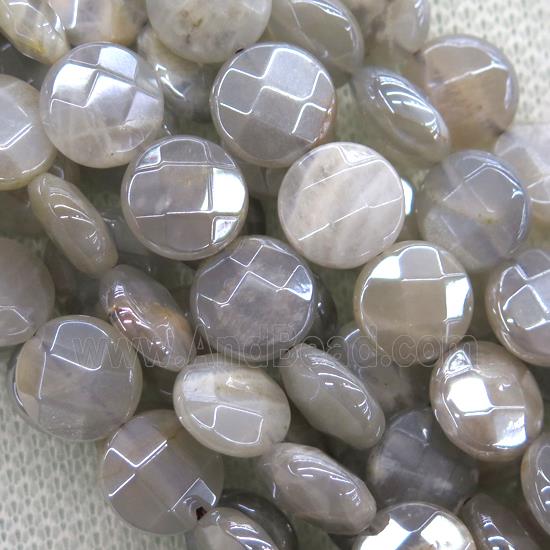 gray MoonStone beads, faceted flat-round, AB color plated
