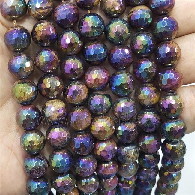 multi color Tiger eye stone bead, faceted round, AB color electroplated