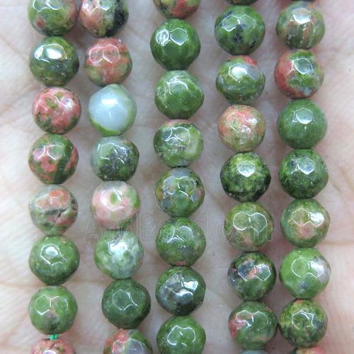 tiny Unakite beads, green, faceted round