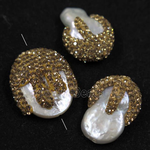 freshwater pearl beads paved yellow rhinestone, freeform