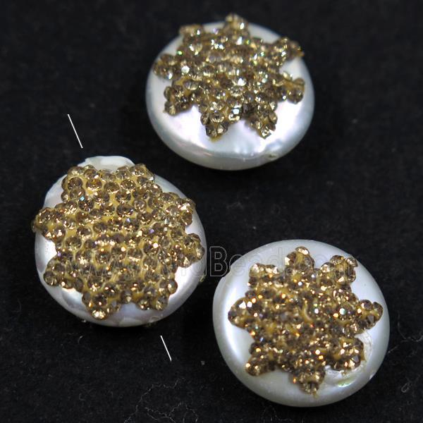 freshwater pearl beads paved yellow rhinestone, coin round