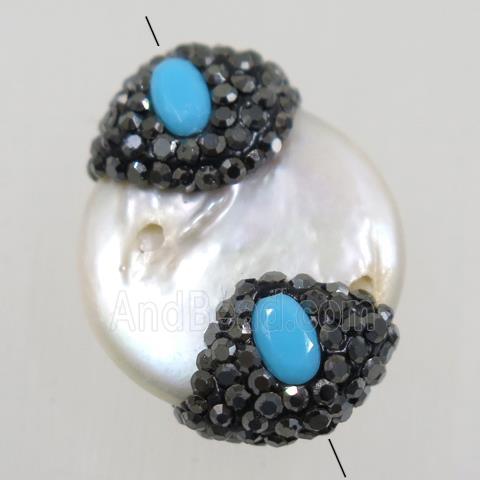 freshwater pearl beads paved rhinestone, flat round