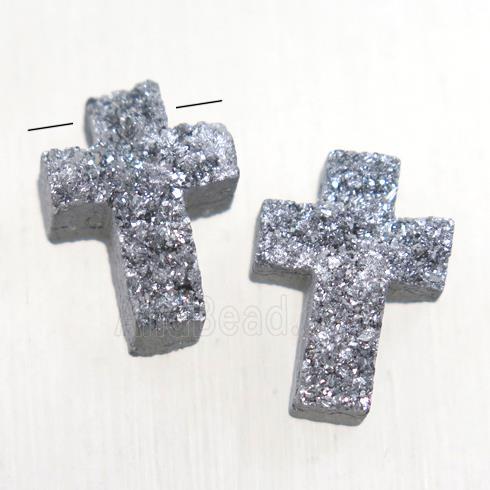 silver Druzy Quartz cross pendant