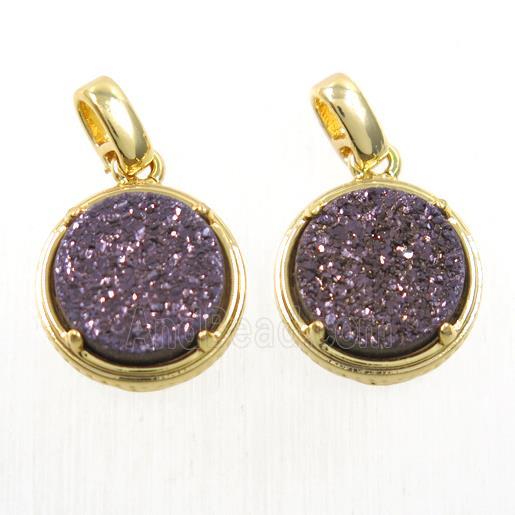 coffee Druzy Agate pendant, flat-round, gold plated