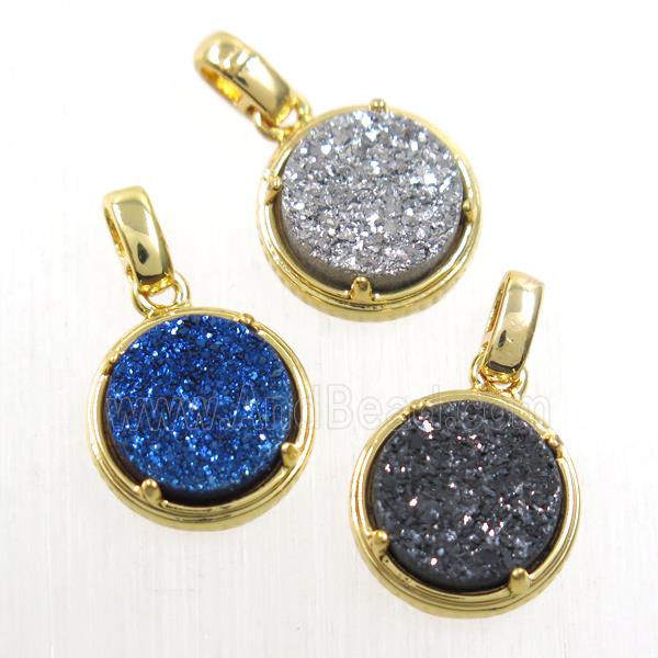 mix Druzy Agate pendant, flat-round, gold plated